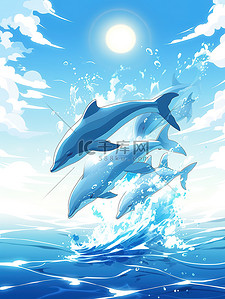 湛蓝海面海豚跳跃蓝天13