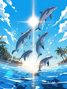 湛蓝海面海豚跳跃蓝天10