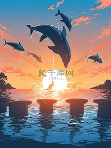 日落海面插画图片_日落时分海豚跳出水面3