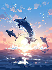 日落海面插画图片_日落时分海豚跳出水面18