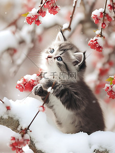 玩雪插画图片_小猫红梅树下玩雪冬季3
