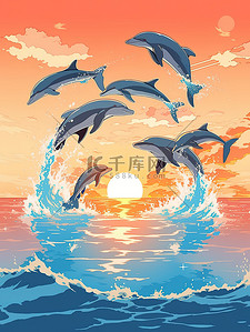 日落海面插画图片_日落时分海豚跳出水面6