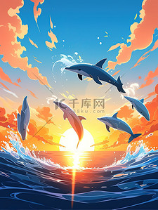 日落海面插画图片_日落时分海豚跳出水面13