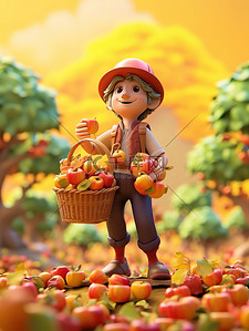 水果采摘插画图片_微距小人一位农民展示新鲜苹果1