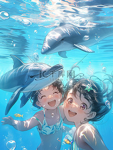 人类人类插画图片_人类和海豚一起游泳9