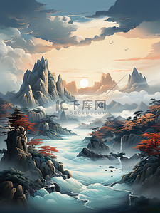 浅蓝插画图片_古风山水画数字艺术插画