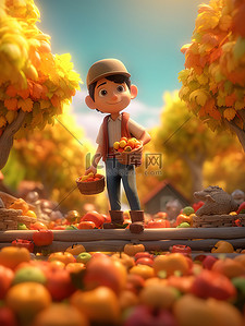 水果采摘插画图片_微距小人一位农民展示新鲜苹果12