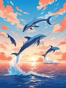 日落海面插画图片_日落时分海豚跳出水面8