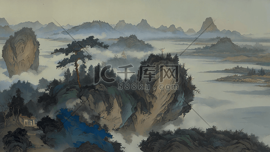 喀斯特插画图片_国画中国风云雾缭绕群山峻岭图