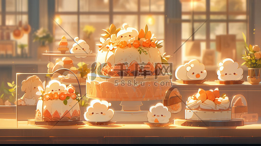 马卡龙蛋糕插画图片_可爱的蛋糕甜品面包店3D6