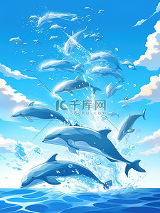 湛蓝海面海豚跳跃蓝天6