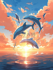 日落海面插画图片_日落时分海豚跳出水面15