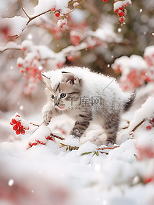冬天红插画图片_小猫红梅树下玩雪冬季13