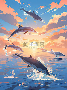 日落海面插画图片_日落时分海豚跳出水面5