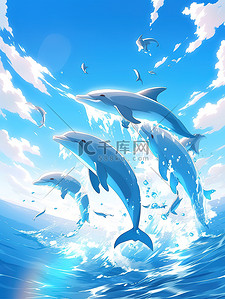 泼水插画图片_湛蓝海面海豚跳跃蓝天11
