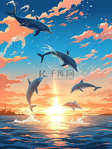 日落海面插画图片_日落时分海豚跳出水面7