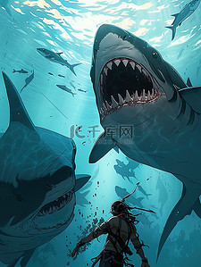 敬畏插画图片_潜水员和鲨鱼相遇5