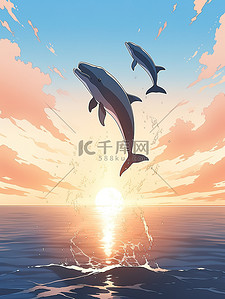 日落海面插画图片_日落时分海豚跳出水面2