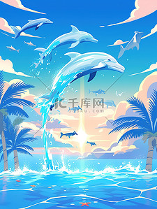 湛蓝海面海豚跳跃蓝天16