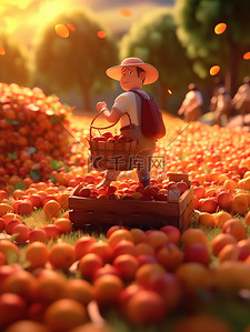 水果采摘插画图片_微距小人一位农民展示新鲜苹果11