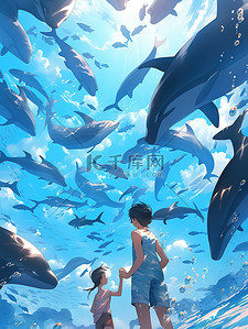 人类命运插画图片_人类和海豚一起游泳7