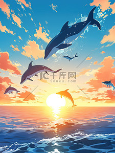 日落海面插画图片_日落时分海豚跳出水面16