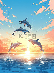 日落海面插画图片_日落时分海豚跳出水面9