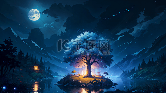 蓝色梦插画图片_梦的幻想圆圆的月亮笔直的树在湖中孤岛
