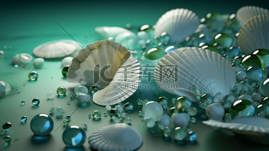 蓝色灵感插画图片_蓝色和绿色的海贝壳和散落的珍珠梦幻唯美3D图插画