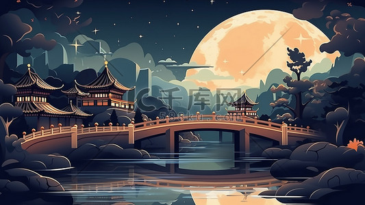 中国风手绘圆月古桥中秋节节日插画背景