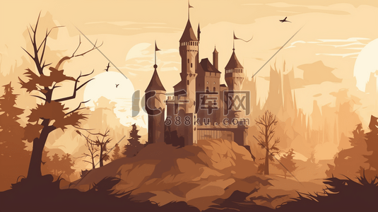 米色暗纹插画图片_棕色和米色城堡