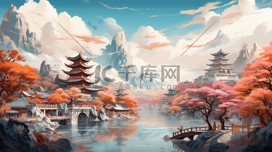中国风插画秋天的中国园林建筑景色