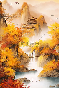 中式工笔画插画图片_中国风唯美秋天远山枫叶古建插画背景