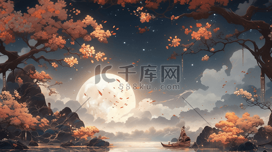 夜晚的月亮插画图片_中国风国风唯美插画秋天夜晚的远望山川