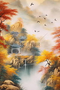 中国风古建插画图片_中国风静谧秋天远山枫叶古建插画背景