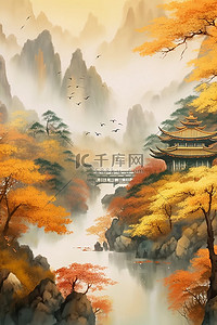 中国风秋季远山枫叶唯美插画背景