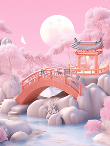 3D立体七夕场景插画粉色的浪漫场景