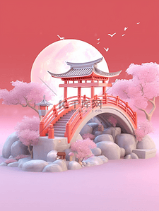 3D立体七夕场景插画粉色园林