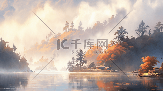 中国风国风插画秋天山水园林烟雾景色