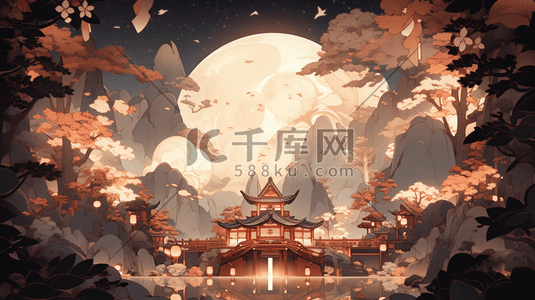 中国风国风唯美插画秋天晚上的山川建筑风景