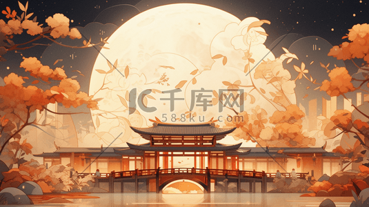 中国风国风唯美插画秋天晚上的宏伟建筑