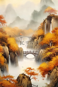 中国风秋天远山枫叶古桥插画背景
