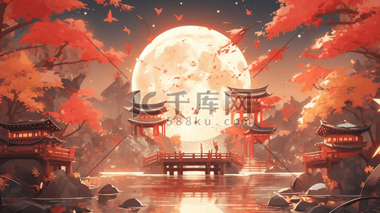 中国风国风唯美插画秋天夜晚的传统建筑