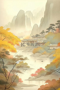 背景大屏大气标题插画图片_中国风淡雅秋天远山枫叶古建插画背景