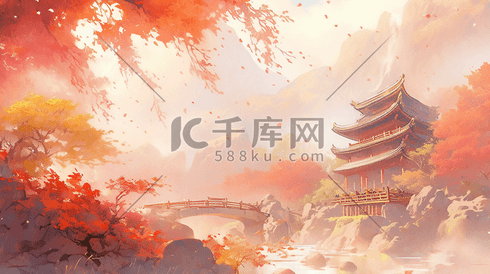 中国风国风插画秋天秋色宜人山水园林景色