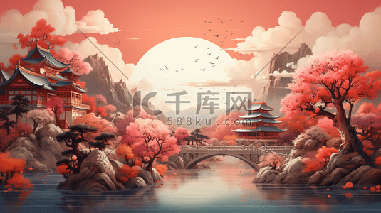 中国风插画秋天千秋万世的中国园林建筑景色