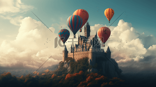 唯美的欧式气球城堡数字艺术插画