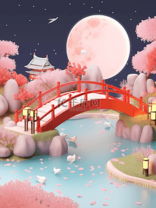 3D立体七夕场景插画夜晚的河流小桥
