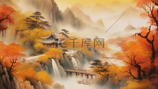 中式淡雅背景插画图片_中国风秋天古建枫叶远山插画背景