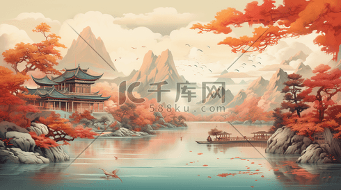 中国风插画秋天的山川景色